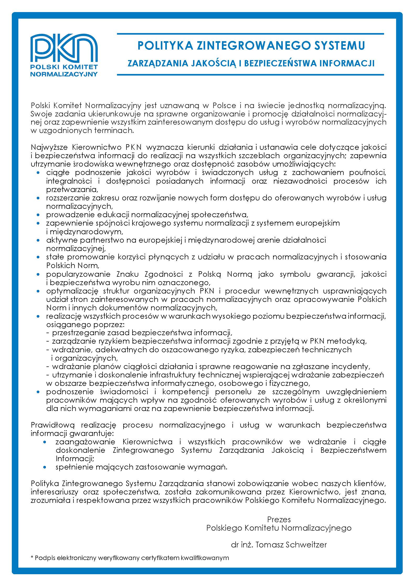 Print screen Polityki Zintegrowanego Systemu Zarządzania Jakością i Bezpieczeństwem Informacji, otwierający ten dokument w formie PDF.