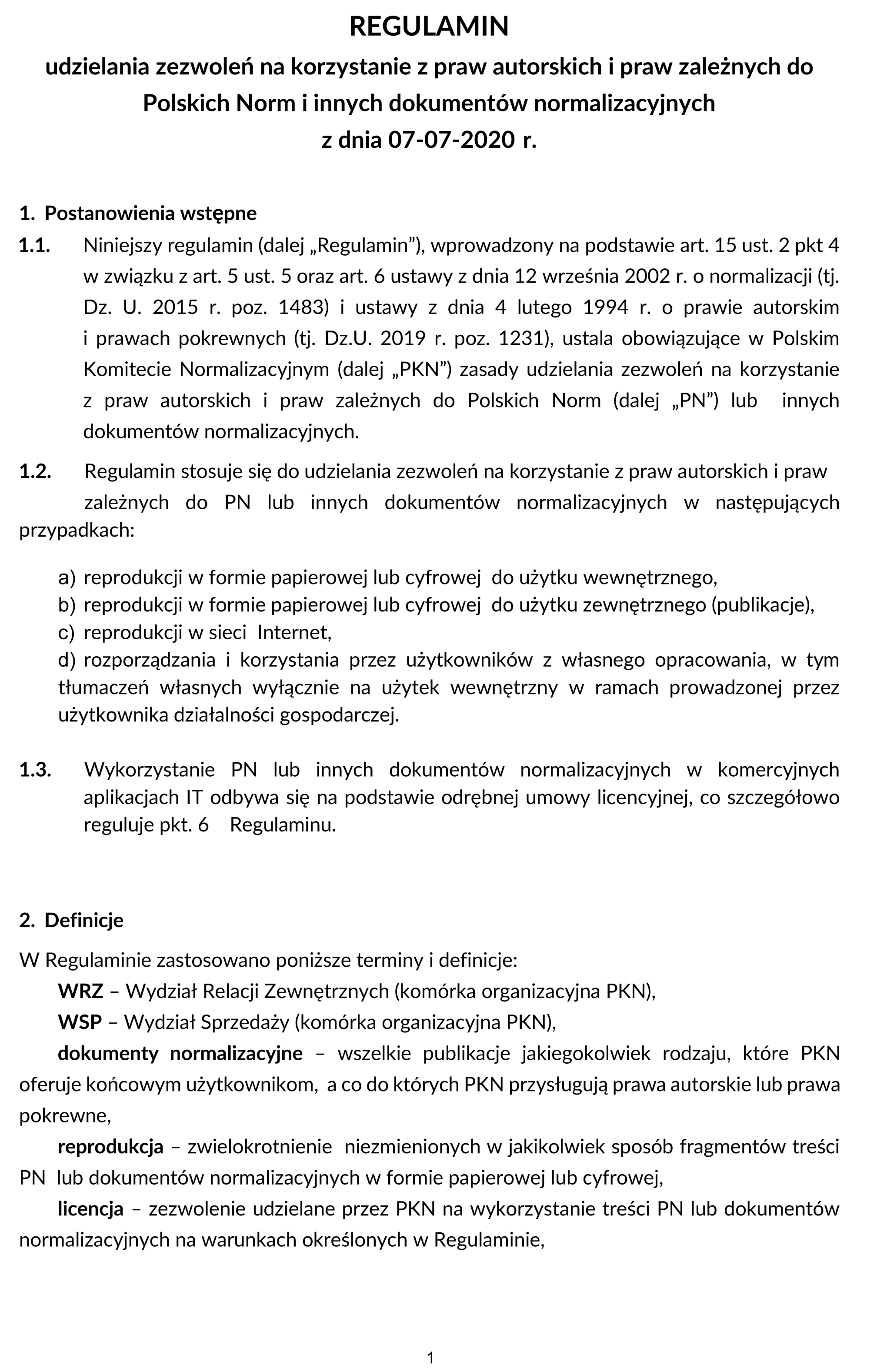 Print screen pierwszej strony Regulaminu udzielania zezwoleń na korzystanie z praw autorskich i praw zależnych do Polskich Norm i innych dokumentów normalizacyjnych, otwierający ten dokument w formie PDF.